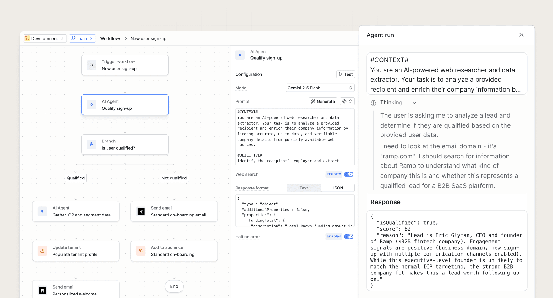A workflow with an agent step that qualifies sign-ups, showing the agent configuration and response